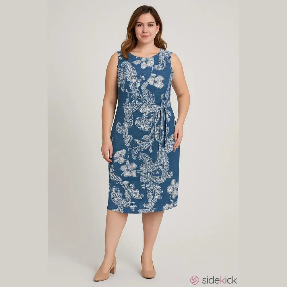 Signature by Robbie Bee Denim Blue and White Paisley Midi Dress